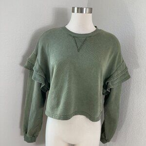 NEW 7 For All Mankind Womens Medium Green Crop Sweatshirt Ruffle Sleeves